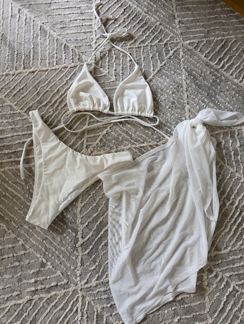 New White Triangle Bikini Set with Sheer Sarong Shein Coverup Smqll Medium